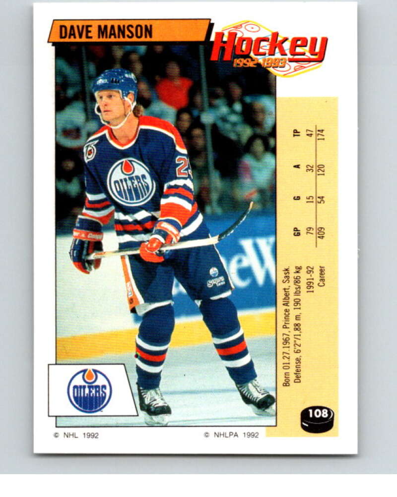 1992-93 Panini Stickers Hockey #108 Dave Manson Edmonton Oilers V82671 Image 1