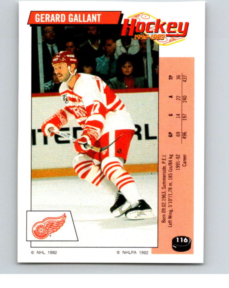 1992-93 Panini Stickers Hockey #116 Gerard Gallant Detroit Red Wings V82689 Image 1
