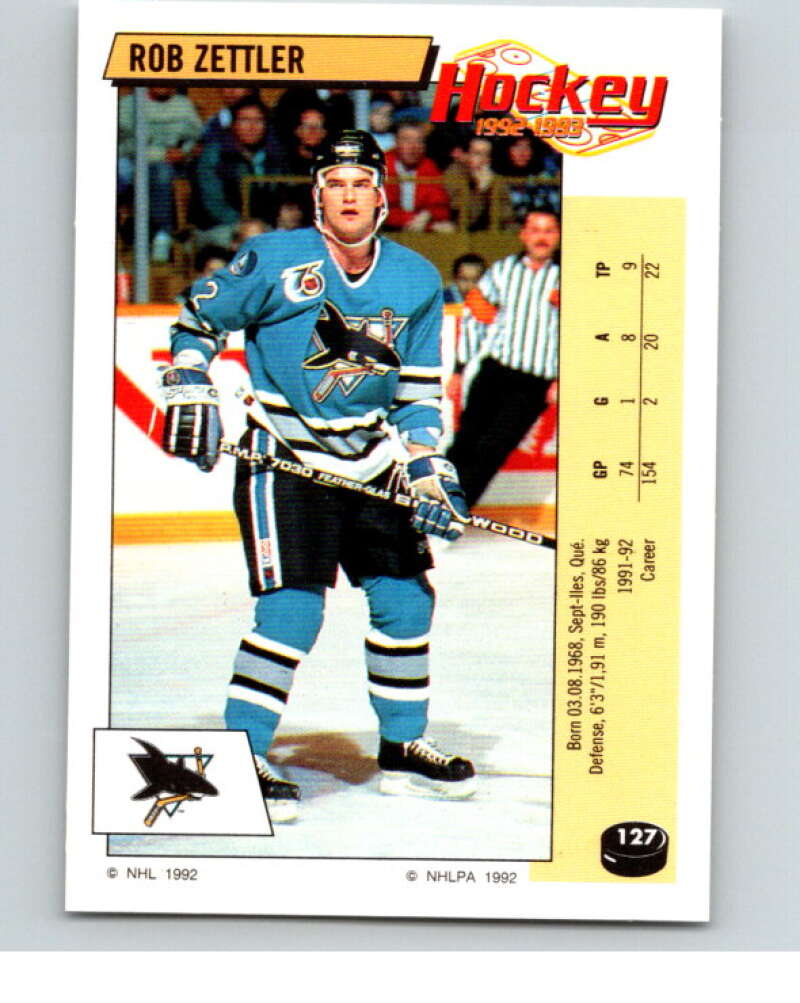 1992-93 Panini Stickers Hockey #127 Rob Zettler San Jose Sharks V82710 Image 1