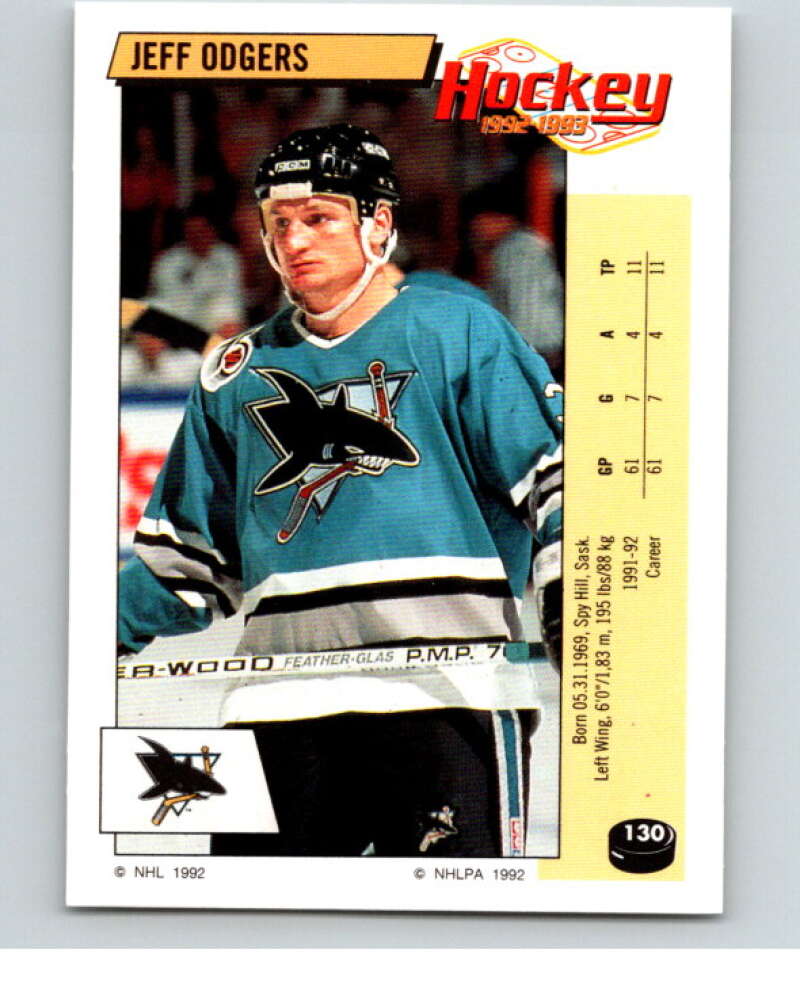 1992-93 Panini Stickers Hockey #130 Jeff Odgers San Jose Sharks V82716 Image 1