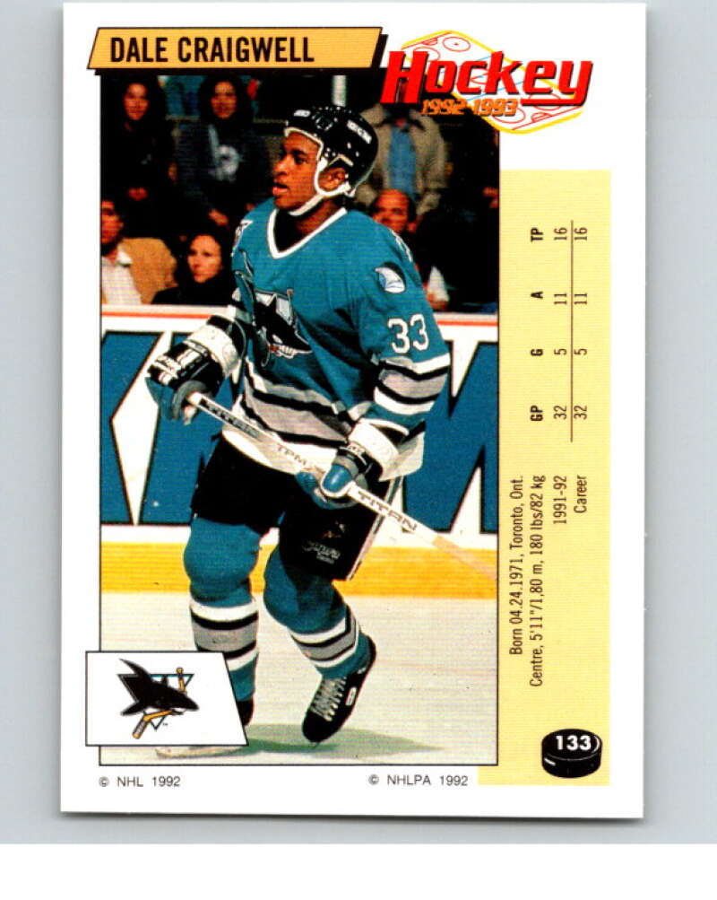 1992-93 Panini Stickers Hockey #133 Dale Craigwell San Jose Sharks V82721 Image 1