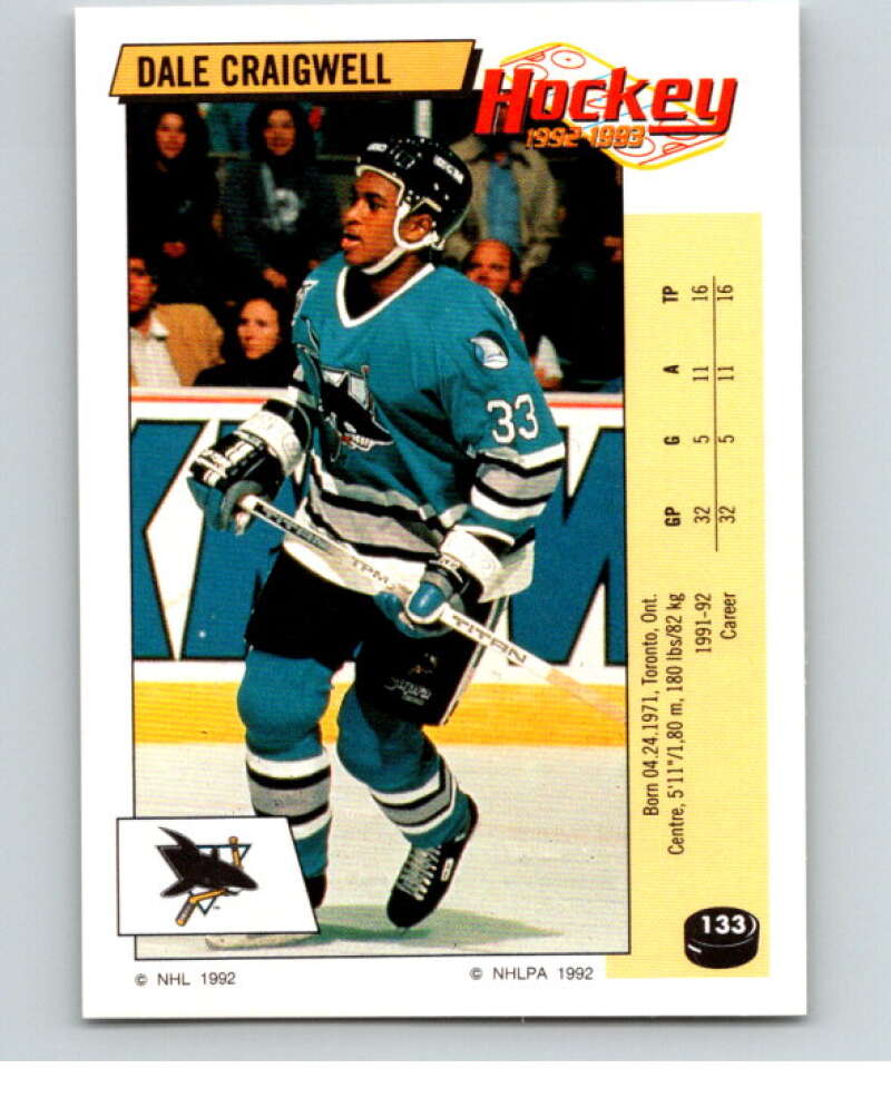 1992-93 Panini Stickers Hockey #133 Dale Craigwell San Jose Sharks V82723 Image 1