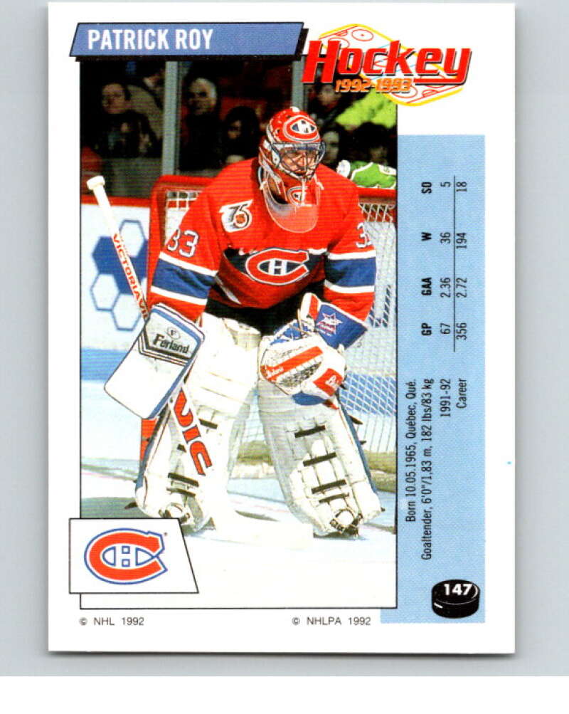 1992-93 Panini Stickers Hockey #147 Patrick Roy Montreal Canadiens V82752 Image 1