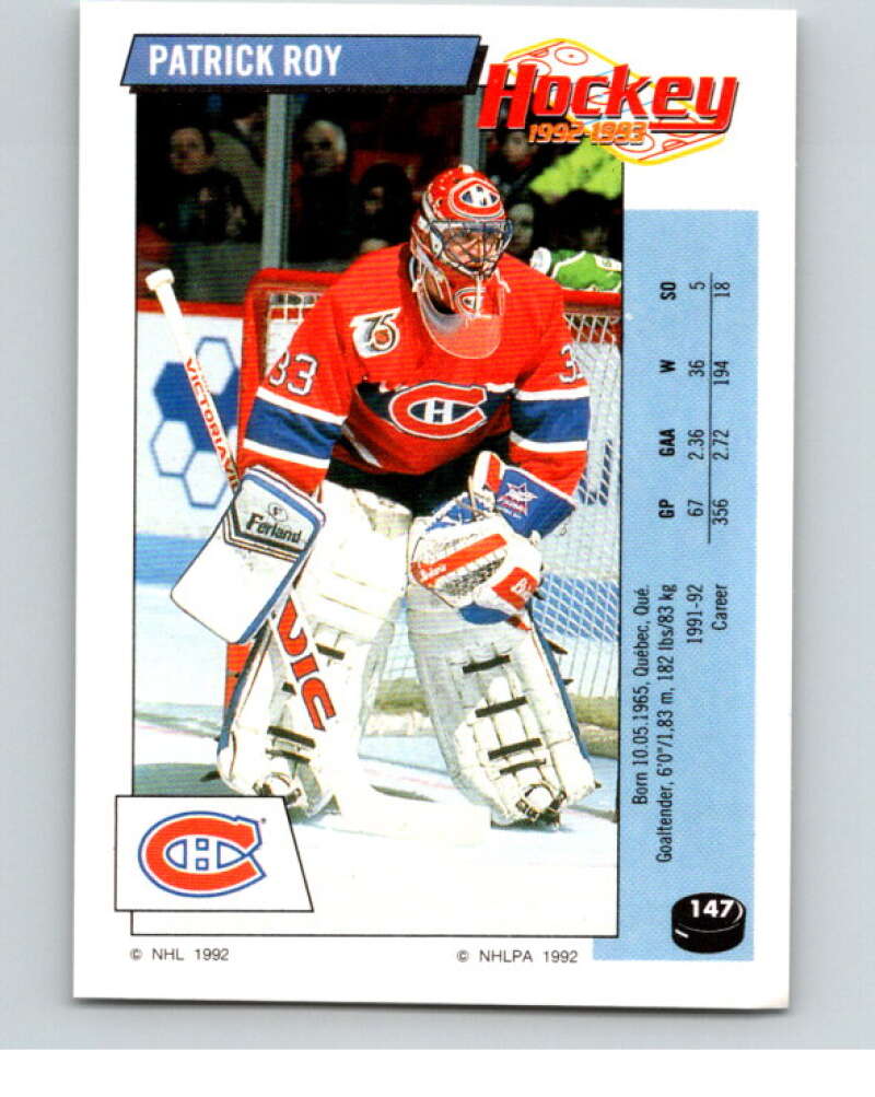 1992-93 Panini Stickers Hockey #147 Patrick Roy Montreal Canadiens V82753 Image 1