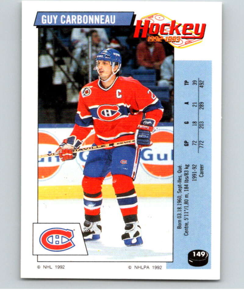 1992-93 Panini Stickers Hockey #149 Guy Carbonneau Montreal Canadiens V82756 Image 1
