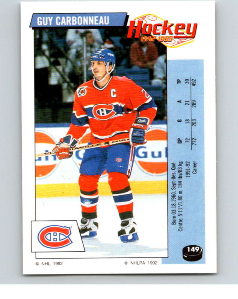 1992-93 Panini Stickers Hockey #149 Guy Carbonneau Montreal Canadiens V82757 Image 1