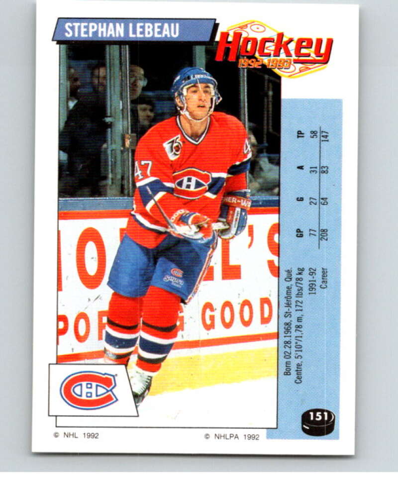 1992-93 Panini Stickers Hockey #151 Stephan Lebeau Montreal Canadiens V82759 Image 1