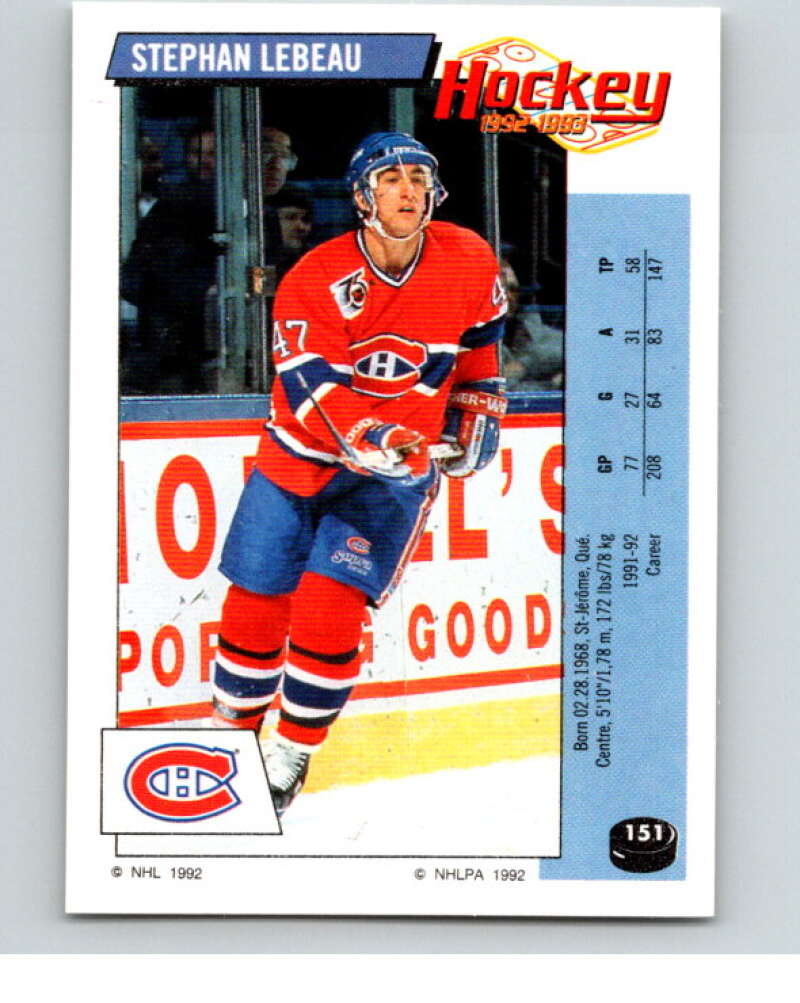 1992-93 Panini Stickers Hockey #151 Stephan Lebeau Montreal Canadiens V82761 Image 1