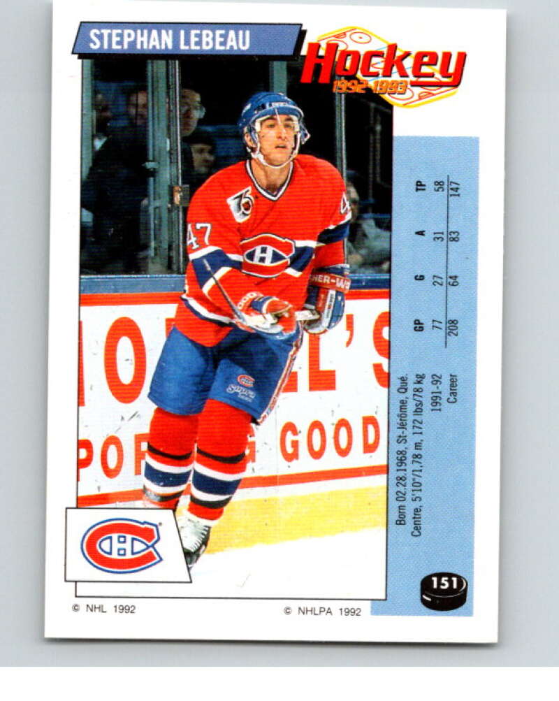 1992-93 Panini Stickers Hockey #151 Stephan Lebeau Montreal Canadiens V82762 Image 1