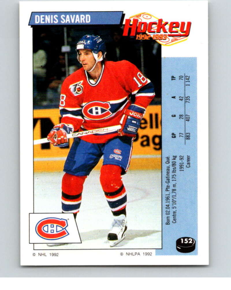 1992-93 Panini Stickers Hockey #152 Denis Savard Montreal Canadiens V82766 Image 1