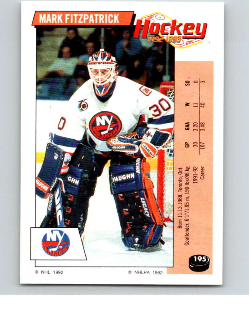 1992-93 Panini Stickers Hockey #195 Mark Fitzpatrick New York Islanders V82869 Image 1