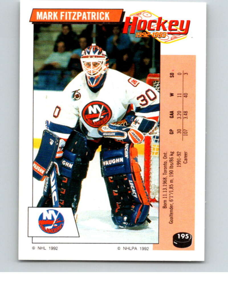 1992-93 Panini Stickers Hockey #195 Mark Fitzpatrick New York Islanders V82870 Image 1