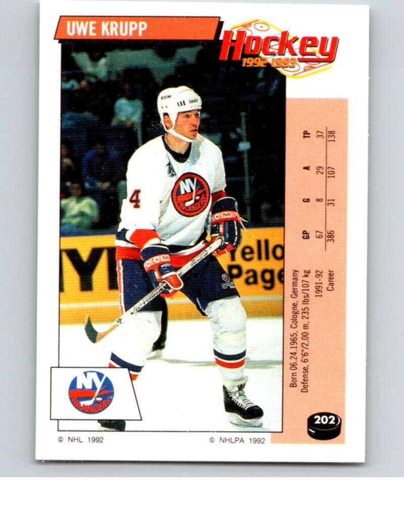 1992-93 Panini Stickers Hockey #202 Uwe Krupp New York Islanders V82881 Image 1