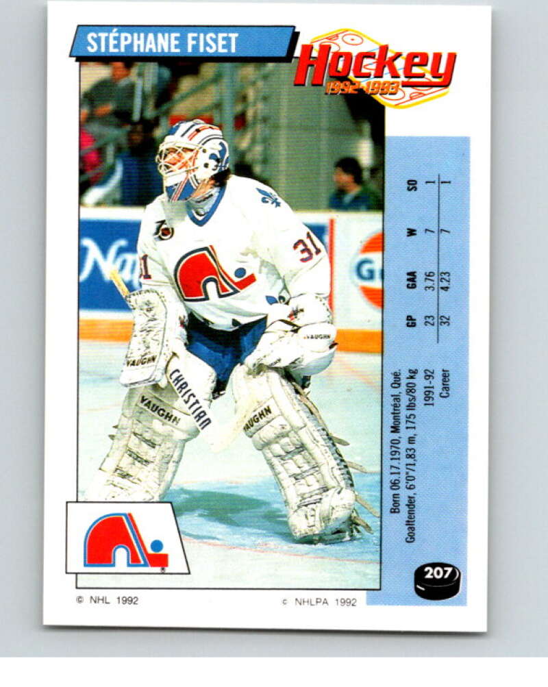 1992-93 Panini Stickers Hockey #207 Stephane Fiset Quebec Nordiques V82890 Image 1