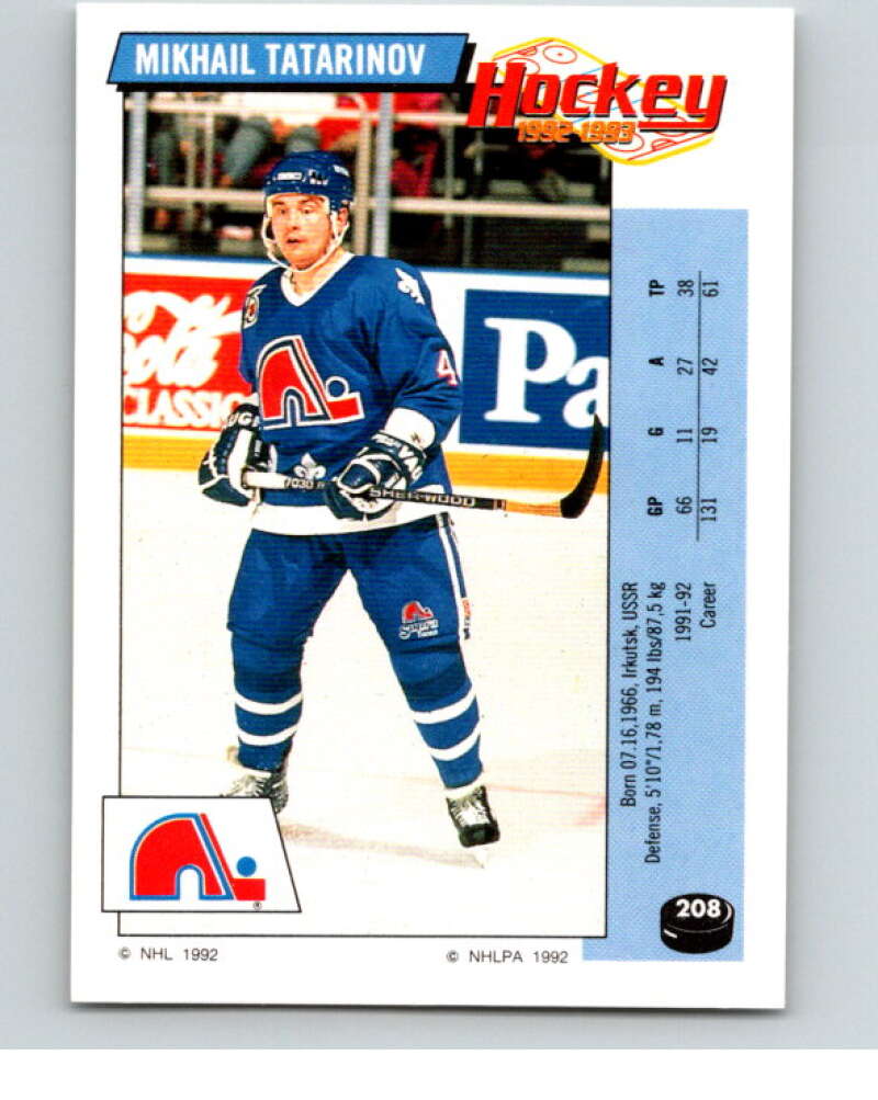 1992-93 Panini Stickers Hockey #208 Mikhail Tatarinov Quebec Nordiques V82893 Image 1
