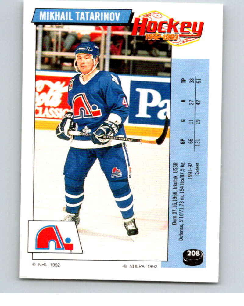 1992-93 Panini Stickers Hockey #208 Mikhail Tatarinov Quebec Nordiques V82894 Image 1