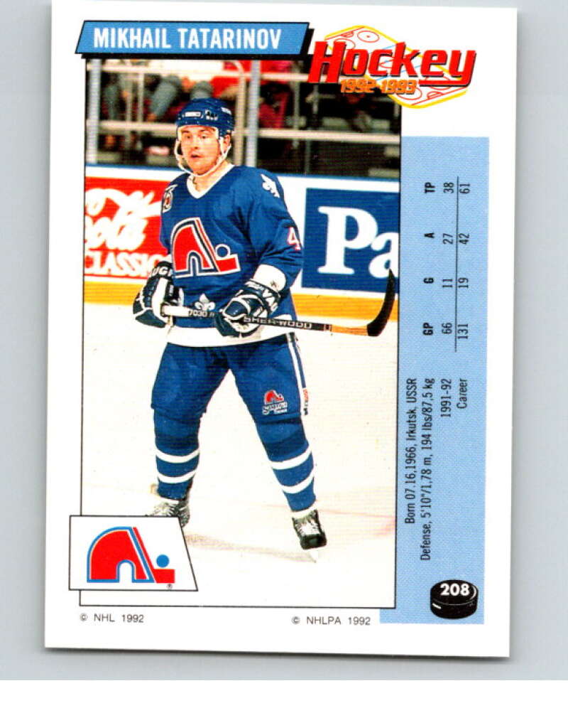 1992-93 Panini Stickers Hockey #208 Mikhail Tatarinov Quebec Nordiques V82895 Image 1