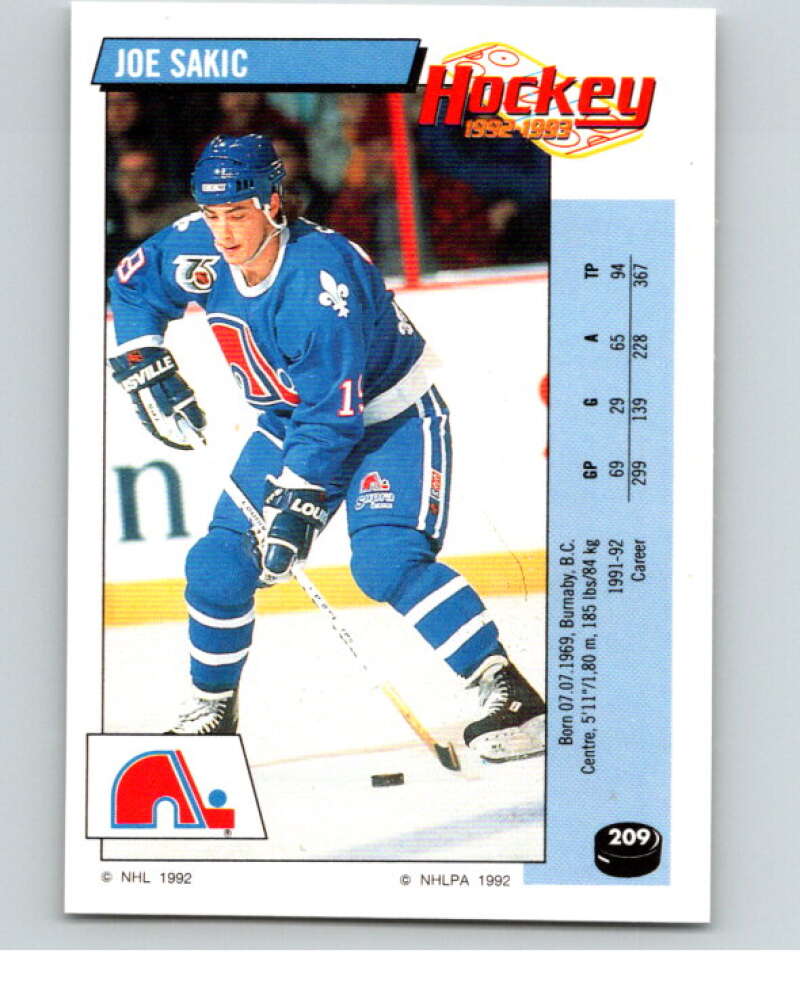 1992-93 Panini Stickers Hockey #209 Joe Sakic Quebec Nordiques V82896 Image 1