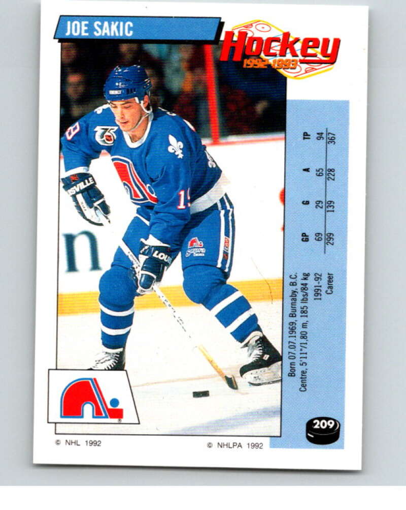 1992-93 Panini Stickers Hockey #209 Joe Sakic Quebec Nordiques V82898 Image 1