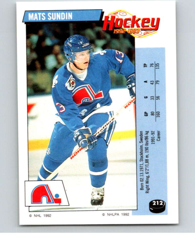 1992-93 Panini Stickers Hockey #212 Mats Sundin Quebec Nordiques V82905 Image 1