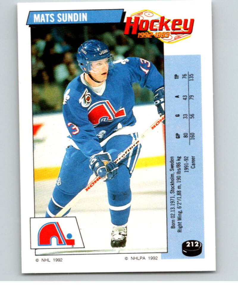 1992-93 Panini Stickers Hockey #212 Mats Sundin Quebec Nordiques V82906 Image 1