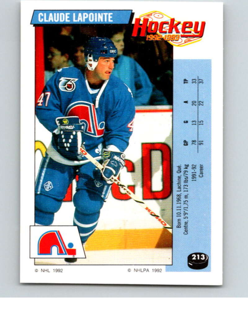 1992-93 Panini Stickers Hockey #213 Claude Lapointe Quebec Nordiques V82907 Image 1