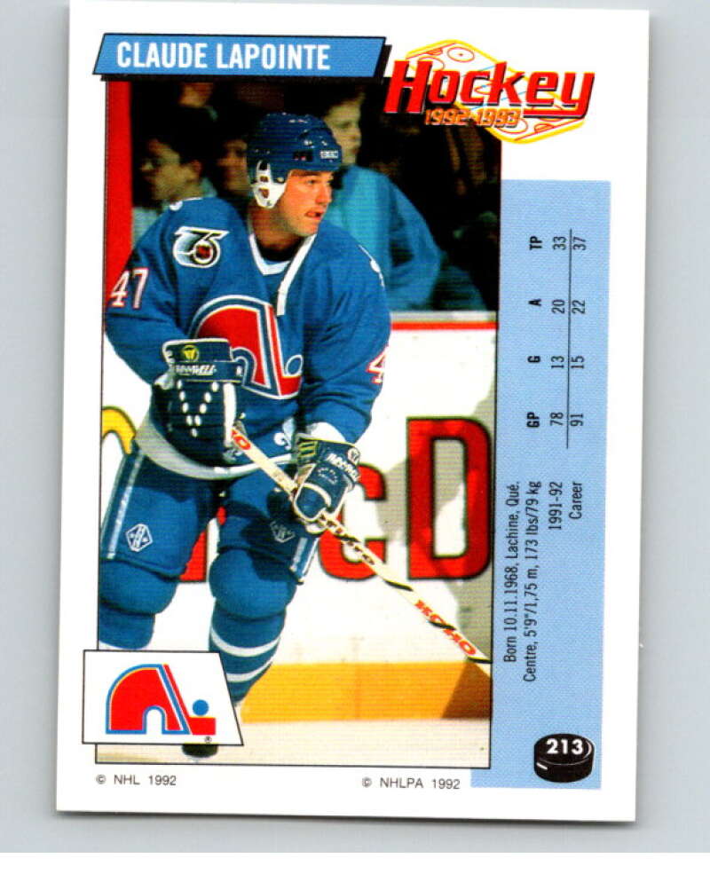 1992-93 Panini Stickers Hockey #213 Claude Lapointe Quebec Nordiques V82908 Image 1