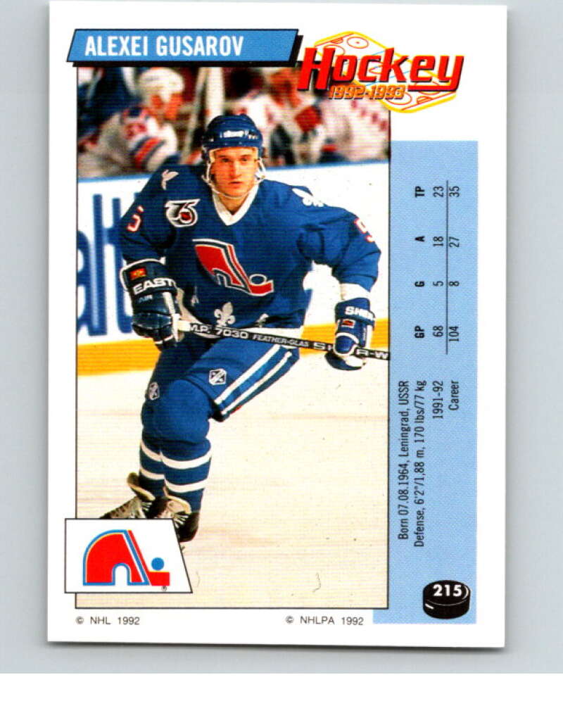 1992-93 Panini Stickers Hockey #215 Alexei Gusarov Quebec Nordiques V82914 Image 1
