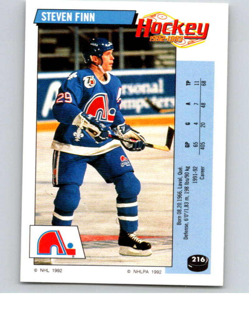 1992-93 Panini Stickers Hockey #216 Steven Finn Quebec Nordiques V82915 Image 1