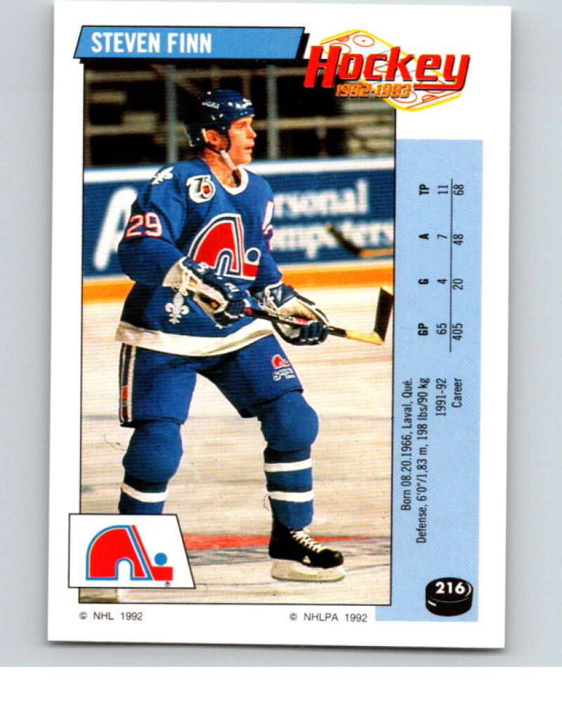 1992-93 Panini Stickers Hockey #216 Steven Finn Quebec Nordiques V82916 Image 1