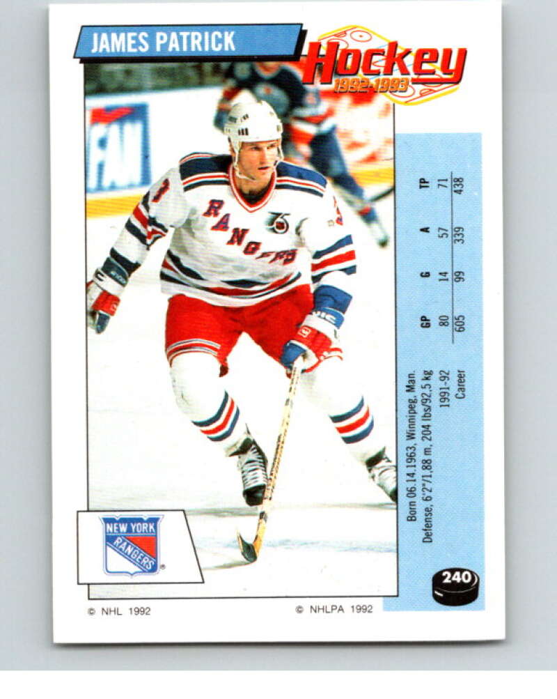 1992-93 Panini Stickers Hockey #240 James Patrick New York Rangers V82970 Image 1