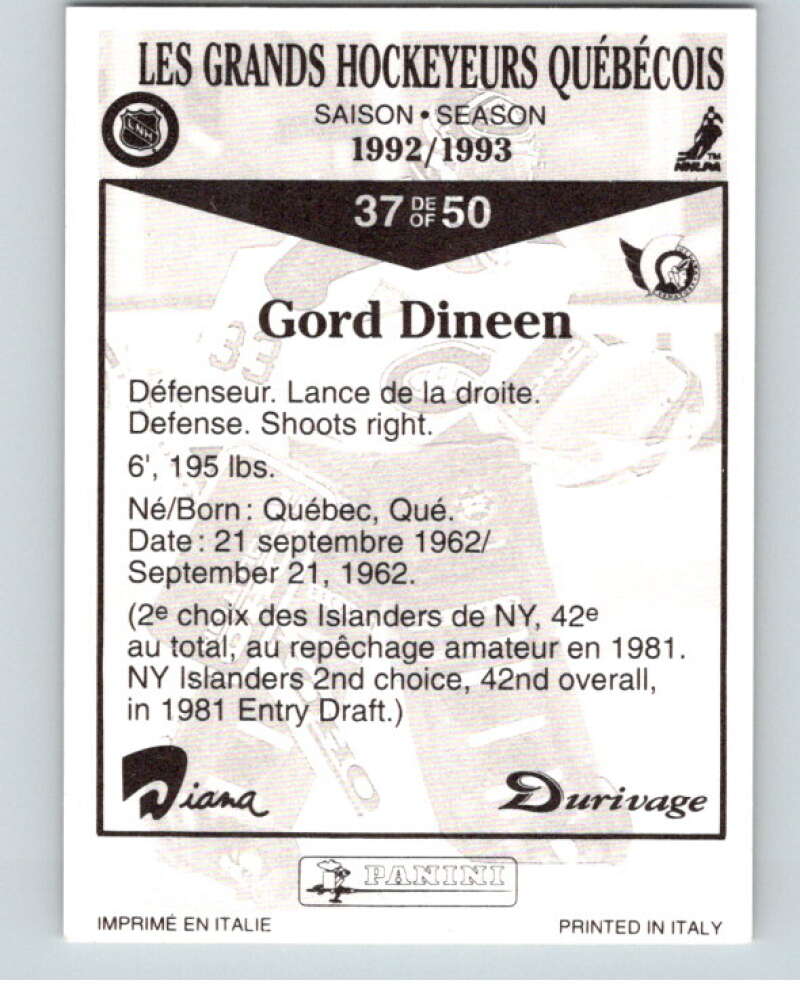 1992-93 Durivage Panini #37 Gord Dineen V84079 Image 2