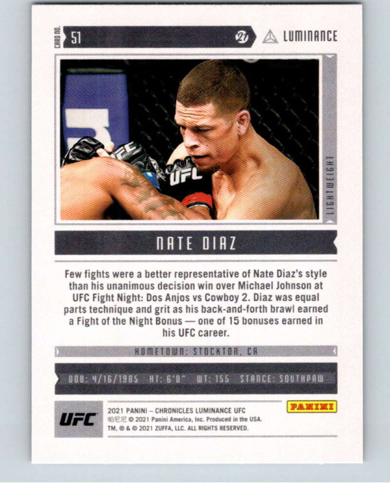2021 Panini MMA Chronicles Luminance #51 Nate Diaz V85478 Image 2