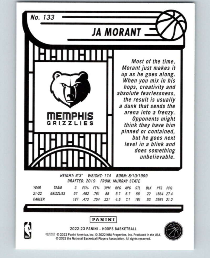 2022-23 Panini NBA Hoops #133 Ja Morant Memphis Grizzlies V85653 Image 2