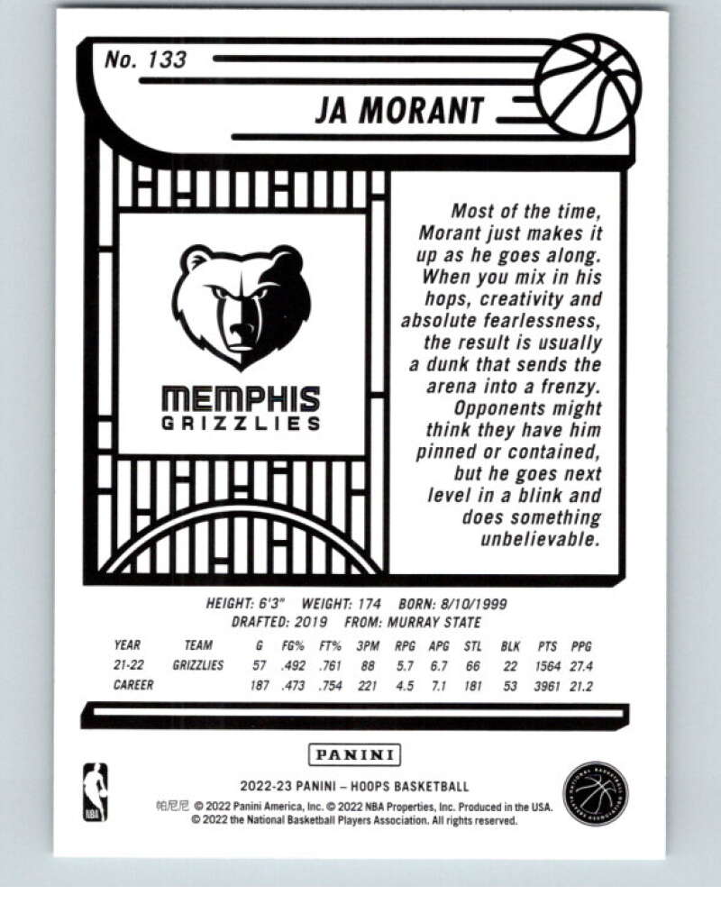 2022-23 Panini NBA Hoops #133 Ja Morant  Memphis Grizzlies  V85653 Image 2