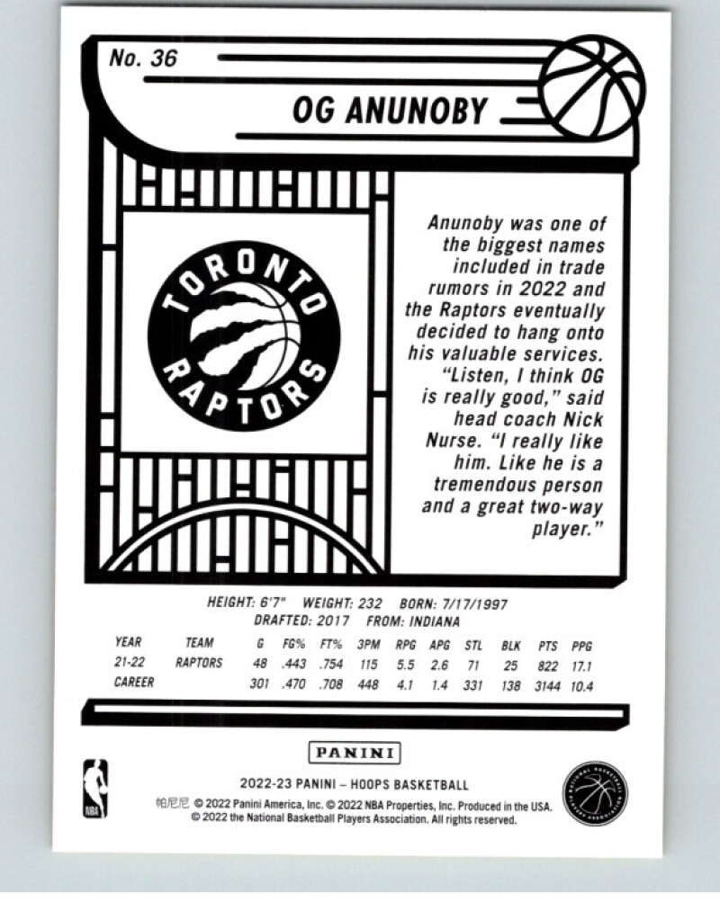 2022-23 Panini NBA Hoops Yellow #36 OG Anunoby Toronto Raptors V85755 Image 2