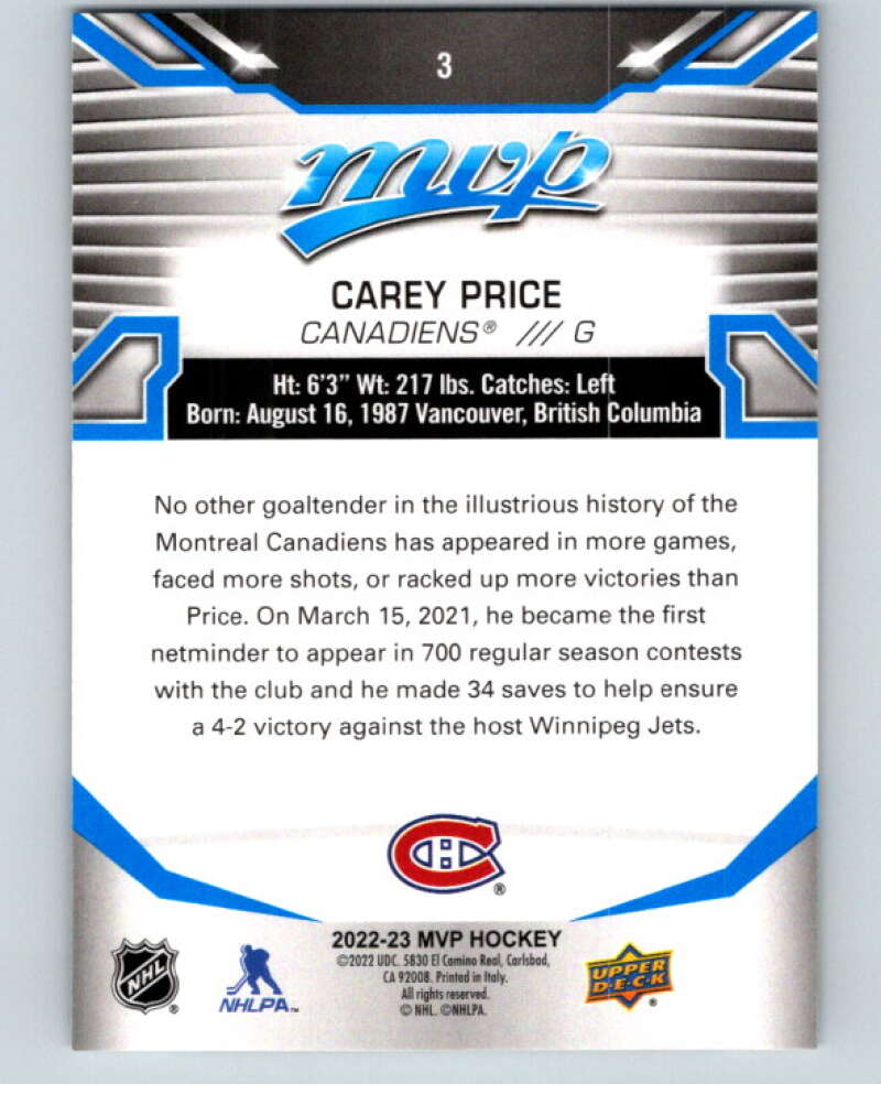 2022-23 UD MVP Blue Script #3 Carey Price Montreal Canadiens V86063 Image 2