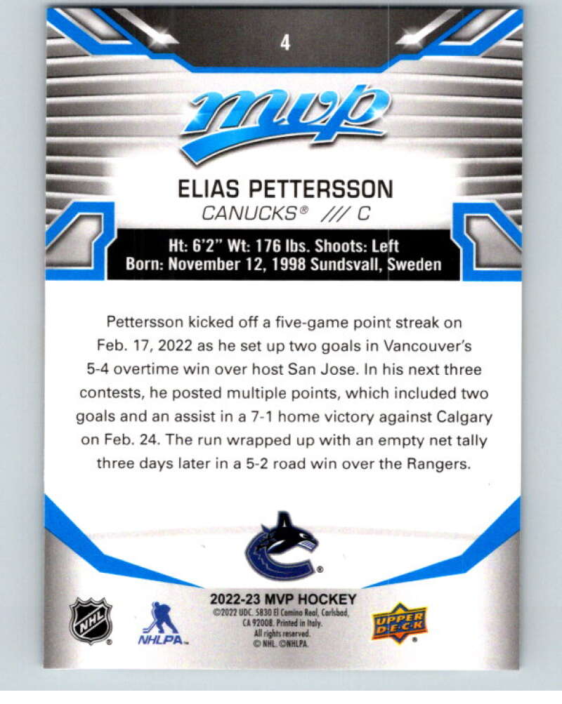 2022-23 UD MVP Blue Script #4 Elias Pettersson Vancouver Canucks V86064 Image 2