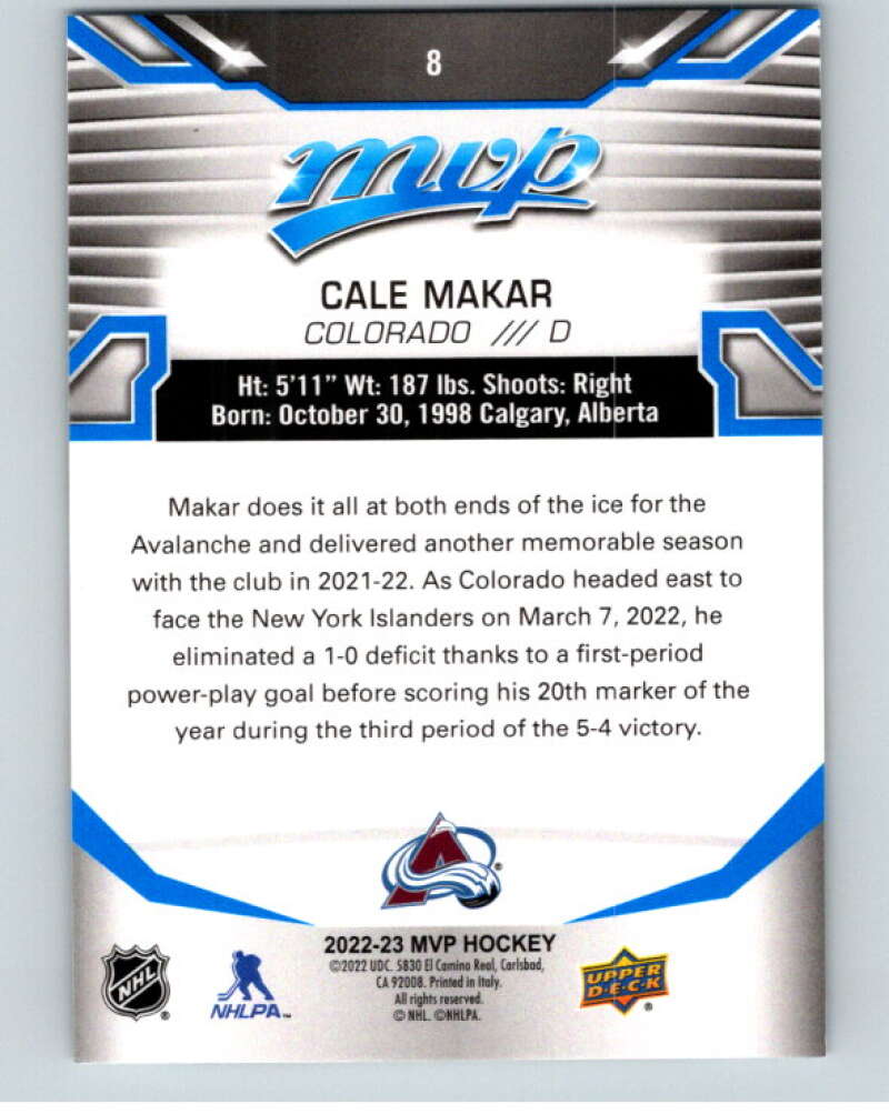 2022-23 UD MVP Blue Script #8 Cale Makar Colorado Avalanche V86068 Image 2