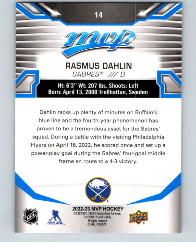2022-23 UD MVP  Blue Script #14 Rasmus Dahlin  Buffalo Sabres  V86074 Image 2