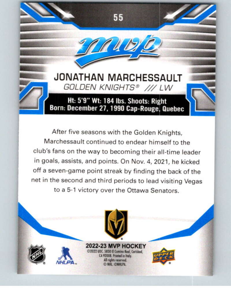 2022-23 UD MVP Blue Script #55 Jonathan Marchessault Knights V86115 Image 2