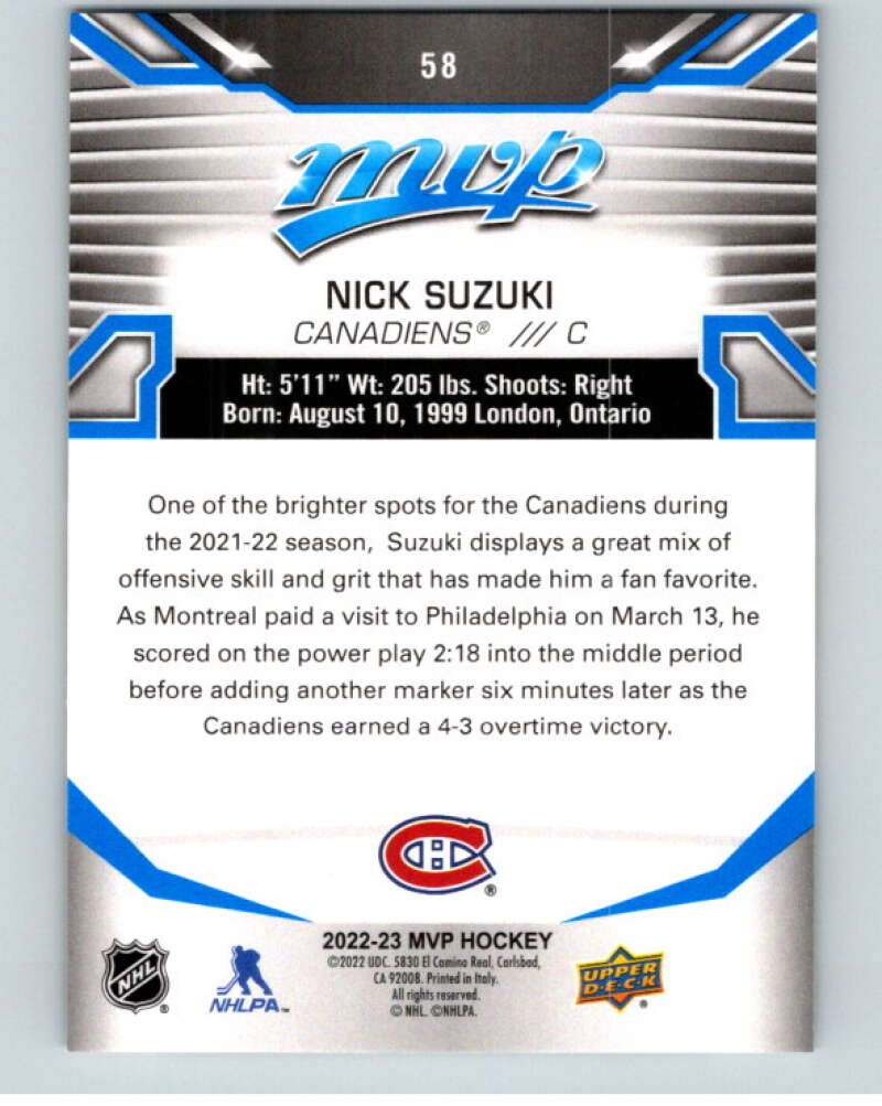 2022-23 UD MVP Blue Script #58 Nick Suzuki Montreal Canadiens V86118 Image 2