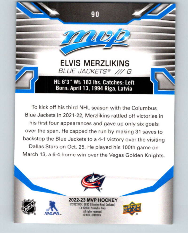 2022-23 UD MVP  Blue Script #90 Elvis Merzlikins  Columbus Blue Jackets  V86150 Image 2