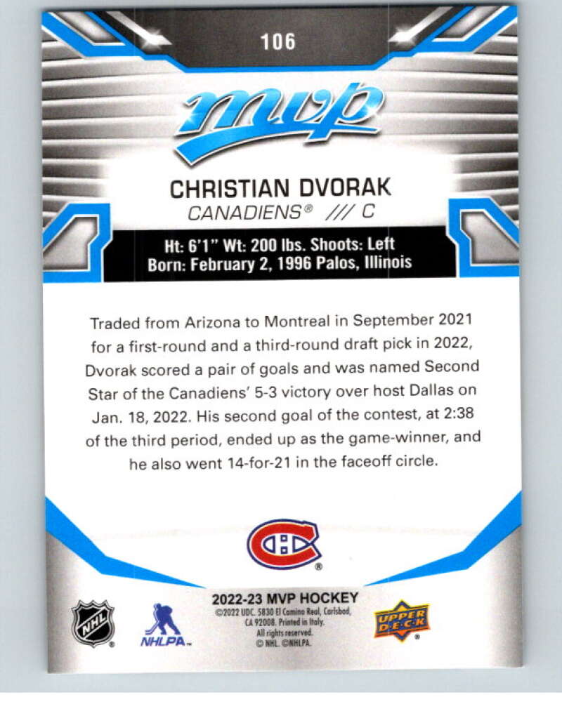2022-23 UD MVP Blue Script #106 Christian Dvorak Montreal Canadiens V86166 Image 2