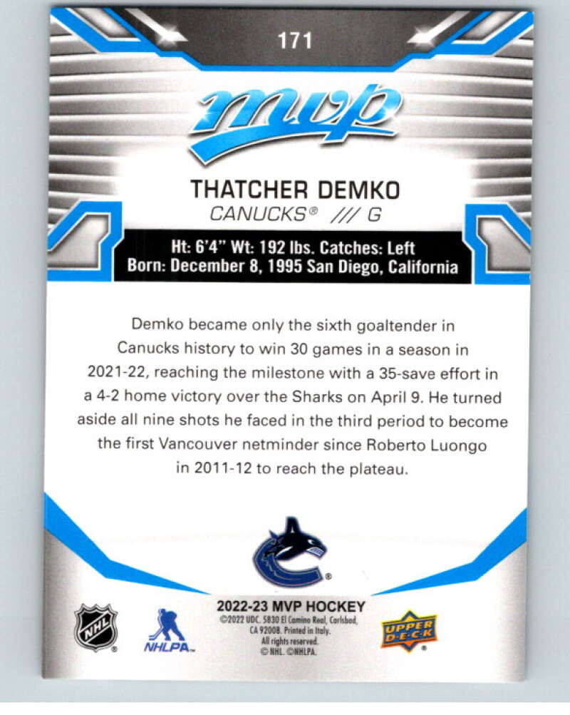 2022-23 UD MVP  Blue Script #171 Thatcher Demko  Vancouver Canucks  V86231 Image 2