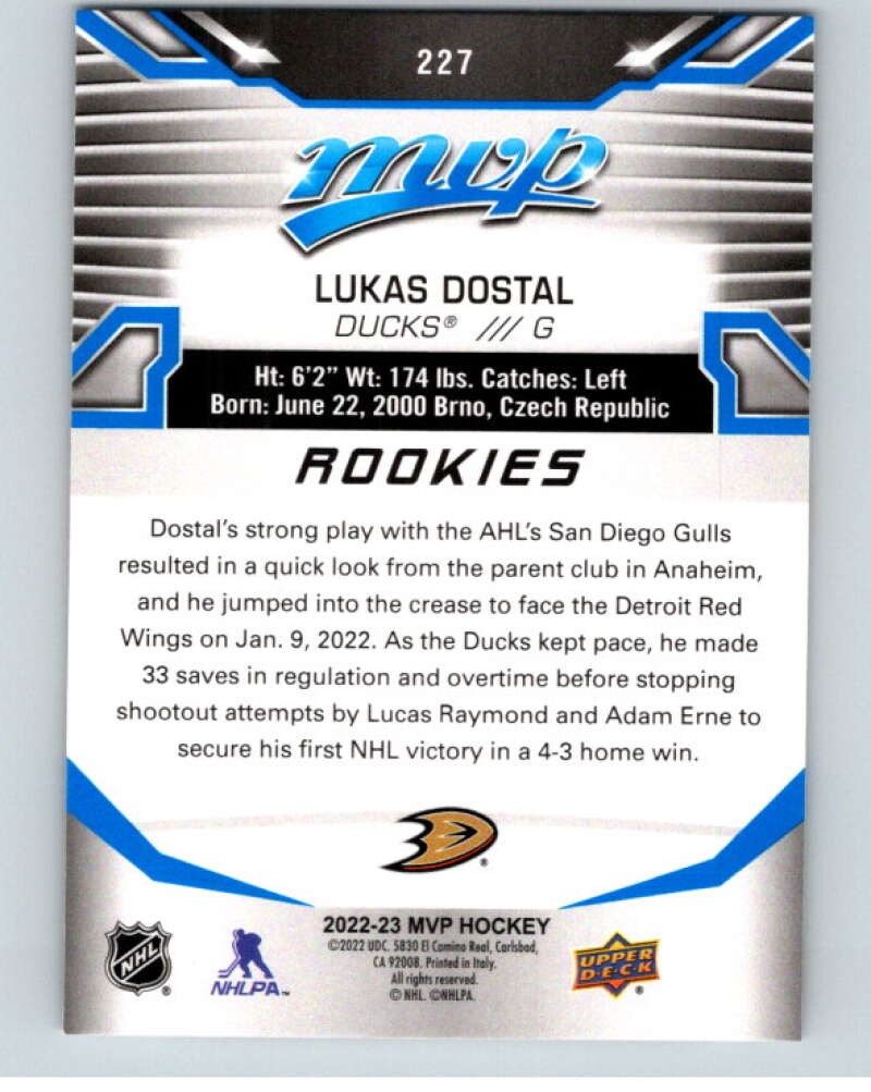2022-23 UD MVP Blue Script #227 Lukas Dostal RC Rookie Anaheim Ducks V86287 Image 2