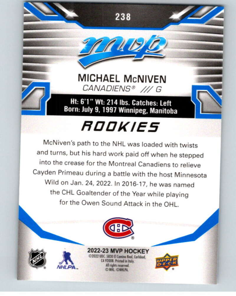 2022-23 UD MVP Blue Script #238 Michael McNiven RC Rookie Canadiens V86297 Image 2