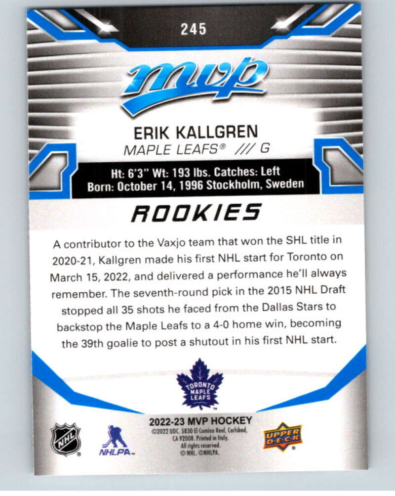 2022-23 UD MVP Blue Script #245 Erik Kallgren RC Rookie Leafs V86302 Image 2