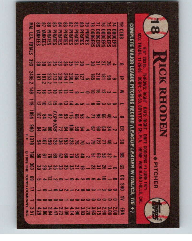1989 Topps Baseball #18 Rick Rhoden New York Yankees Image 2