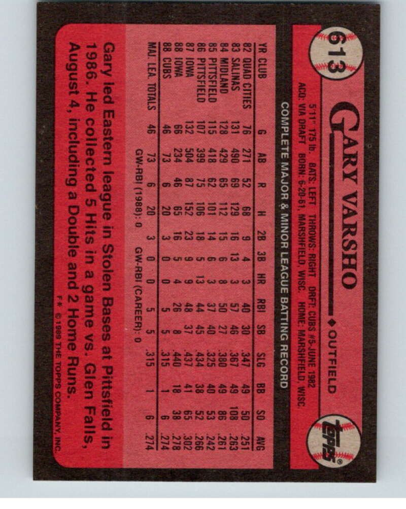 1989 Topps Baseball #613 Gary Varsho Chicago Cubs Image 2